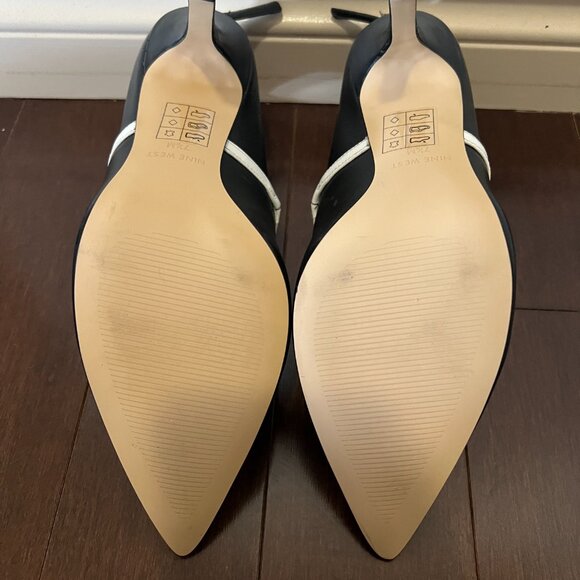 Black leather Nine West heels with two, thin white straps, never worn - Picture 3 of 3